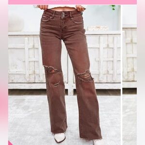NWT Denim Bar by Alexa Rae brown high rise distressed wide leg jeans Size 11/30